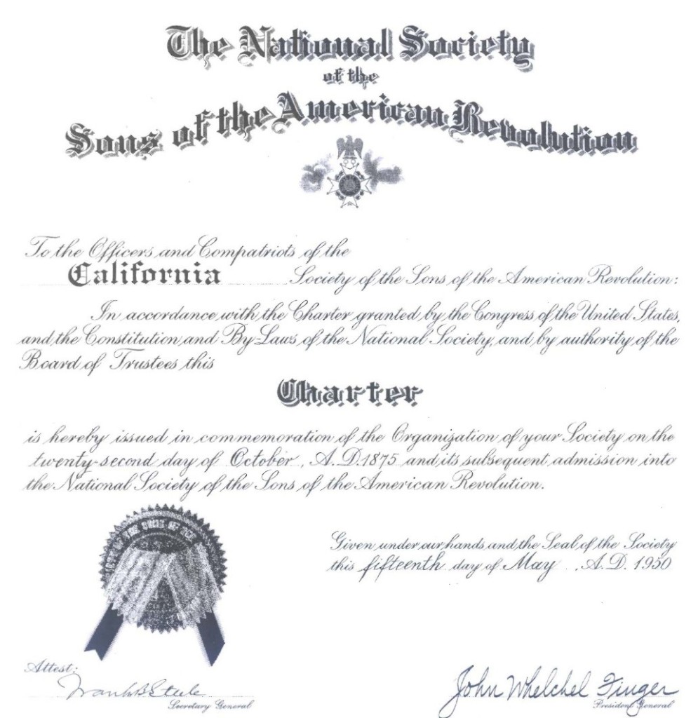 Charter California Society Sons of the American Revolution