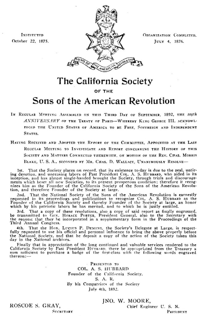 California Society Sons of the American Revolution 100th Treaty of Paris presentation to Colonel A. S. Hubbard, founder of the California Society